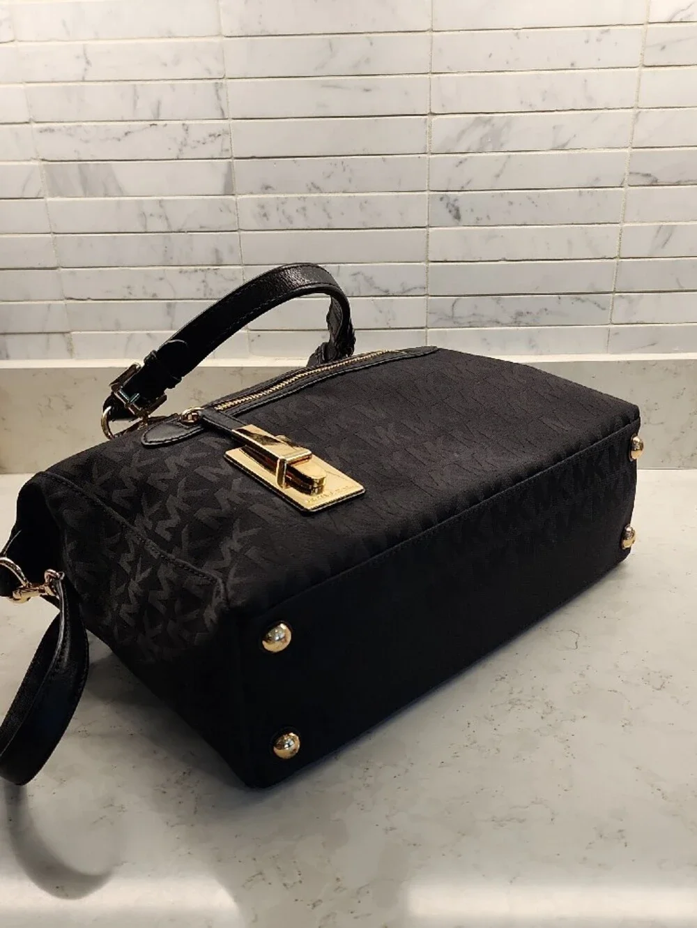 Michael Kors Black MK Logo Satchel with Gold Hardware